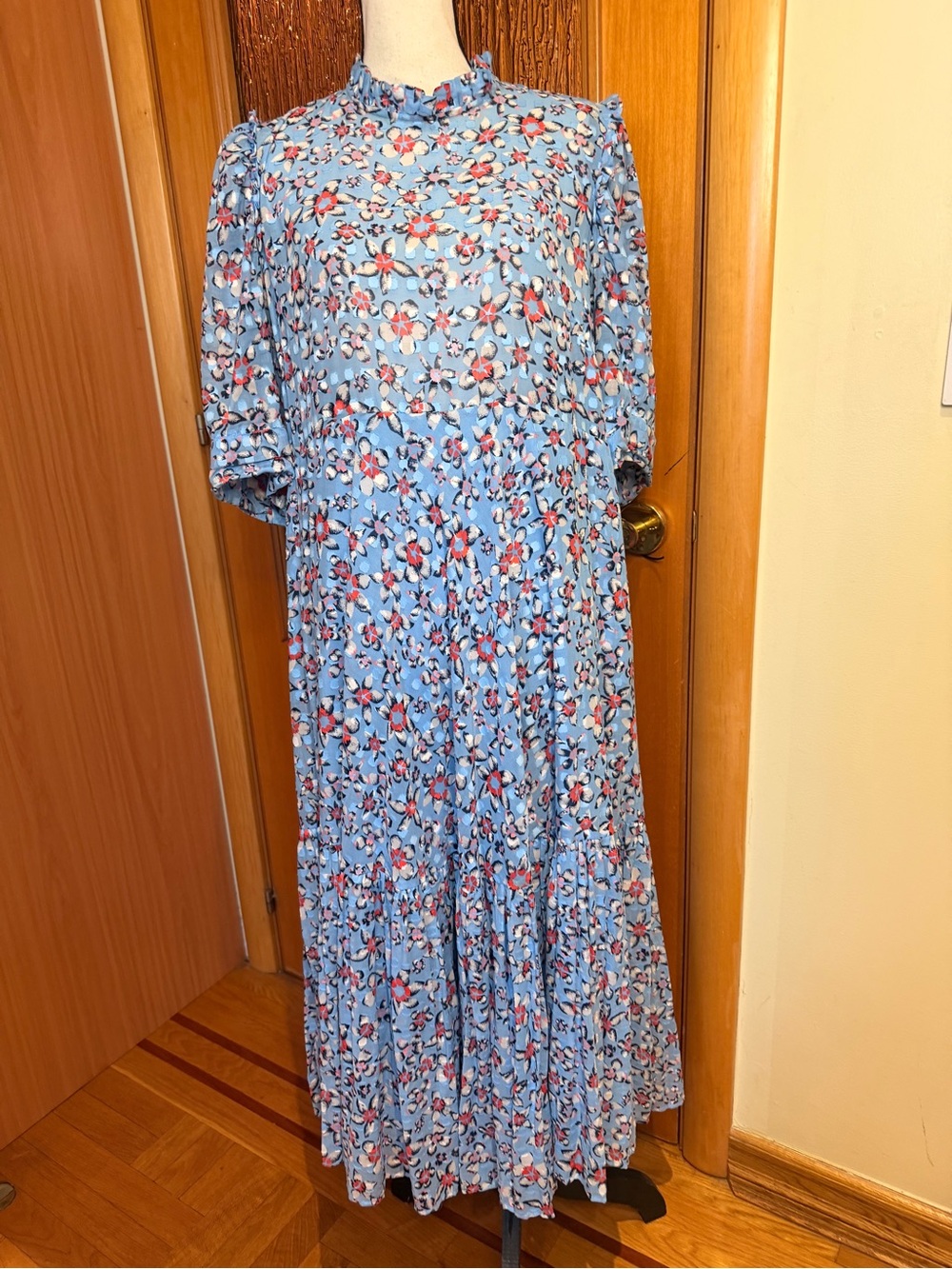 Paul & Joe Paris Light Blue Floral Ruffle-Neck Maxi Dress Sz 44 U.S. Sz XL